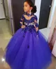 2023 High Neck Girls Pageant -jurken voor bruiloften lange mouw Royal Blue Blue kralen Bloemmeisje Lengte Kids Verjaardagsgemeenschap Jurk 0509