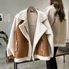 Hiver lâche épissure contraste Biker veste coréenne marron femmes polaire épaissir manteau Vintage grande taille décontracté revers vêtements d'extérieur pour femmes 230908