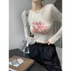 Deeptown Korean Style Y2K Floral T-shirts Women Harajuku Fashion Hollow Out Slim Crop Top 2000s Streetwear Casual Knit Top Chic