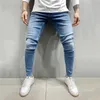 Män jeans puimentiua män elastisk midja mager stretch rippade byxor streetwear mens denim blå236g