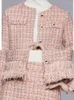 Work Dresses Pink Tweed WoolenSuit Women Elegant Hand Beading Ostrich Fur Short Jacket Coat Mini Skirt Set Winter Outfits