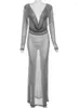 Casual Dresses Temuscola Sexig genomskinlig bodycon maxi klänning kvinnor Autumn V Neck Low Cut Full Sleeve Elegant Long Grey Evening Female