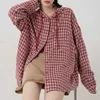 Deeptown Vintage Red Check Shirts Women Korean Style Oversize Plaid Blouse Hippie Harajuku Streetwear Long Sleeve Top Button Up