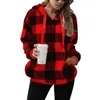 Women's Hoodies Plush Coat Autumn/Winter Long Sleeve Hooded Plaid Pocket Loose Sweater Casual Sweatshirt Hoodie