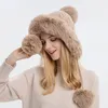 Bérets hiver chaud tricoté chapeau de fourrure femmes avec oreillette deux boules dame en plein air épaissir peluche moelleux casquette chapeaux russes pour