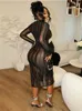 Casual Kleider WJFZQM Sehen Durch Stcked Falten Einreiher Vestido Weibliche Sexy Straße Bodycon Gestreiften Patchwork Mesh Revers Kleid Herbst