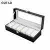 OUTAD 6 Grid Black PU Leather Watch Box Refinement Slots Wrist Watches Gift Case Jewelry Display Boxes Storage Holder260U