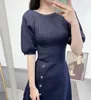 Sandro Puff Sleeve Knit Dress High Waist Side Slit Mini Dress for Women