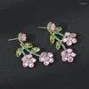 Brincos pendurados de alta qualidade doce rosa zircônia flor 925 agulha de prata joias de declaração de moda brincos banhados a ouro