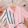 Rompers Kids Girls 'Jobsit Springsummer Striped Shorts Lapel Lapel Short Sleved Bow Bow 6 -miesięczne stroje dla dziewczynki Romper 230907