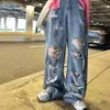 Damen-Jeans, Frühling und Herbst, zerrissen, Übergröße, Damenbekleidung, hoch taillierte Beine, gerade Hosen, Y2K-Street-Style, weites Bein