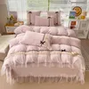 Conjuntos de cama Rosa Coreano Princesa Estilo Velvet Fleece Set Lace Ruffles Soft Duvet Capa Quente Consolador Cama Folha Fronha 230907