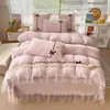 Ensembles de literie Rose coréen Style princesse velours polaire ensemble dentelle volants doux housse de couette chaud couette drap de lit taie d'oreiller 230907