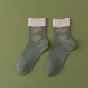 Chaussettes pour femmes version coréenne en pur coton pour femmes, couleur noire et blanche assortie, imprimé floral, mi-tube, princesse de sport japonaise décontractée