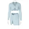 Work Dresses Women Summer Sexy Two Piece Set Crop Topping Polo-neck Long Sleeve Patchwork Button Split Mini Suit Beach Style Solid