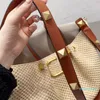 2023-Large Capacity Straw Woven Shopping Bag Women Tote Bags Gold Hardware Buckle Handbag With Purse Leather Handle High Quality Lady Beach Bag Clutch