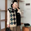 Deeptown Preppy Style Vintage Argyle Sweater Yelek Kadın Japon JK Büyük boy asimetrik örgü üst harajuku tatlı jumper kadın