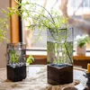 Vases Vase en verre nordique avec base en bois pour fleurs hydroponiques artificielles séchées salon bureau Terrarium décoration 230907