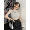 Deeptown Y2k Korean Style Grey Crop Top Women Kpop Streetwear Graphic Off Shoulder Short Sleeve Tops Harajuku Bandage Slim Tee