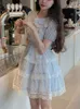 Bleu japonais Kawaii doux Dres imprimer dentelle coréenne fête Mini robe femme manches bouffantes élégant mignon princesse 230808