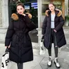 Women's Trench Coats 2023 Fur Collar Long Parka Hooded Down Cotton Puffer Jackets Thick Warm Korean Snowsuit Sleeve Pocket Belt