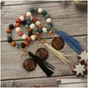 Sleutelhangers Lanyards Luipaard kralen sleutelhanger kwastje hanger houten kralen pols armband sleutelhanger creatief Mama Moederdag cadeau sleutelhanger Dh3Xv