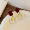 Dangle Earrings KADRUFI Temperament Wine Red Velvet Rose Flower Pearl Hoop Drop Women Elegant Korean Fashion Wedding Earring Jewelry