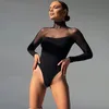 Body transparent en maille pour femme, combinaison Sexy, à la mode, col rond, manches longues, Patchwork, Slim