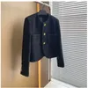 Kvinnorjackor Kvinnor Autumn Black Tweed Jacket Single Breasted O-Neck Elegant Golden Button Pocket Croped Woolen Jacket Clothing 230908