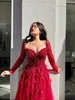 Urban Sexy Dresses Red Generous Dubai Evening Dress for Women Long Sleeves Aline Luxury V-Neck Crystal Handmade Arabic Prom Formal 230907