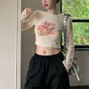 Deeptown Koreaanse stijl Y2k bloemen T-shirts dames harajuku mode uitgehold slanke crop top jaren 2000 streetwear casual gebreide top chic