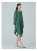 Casual Dresses 44 Momme Real Silk Boundless Stripe Green O-neck Ruffles Shirt Long Sleeve Splicing Curved Hem Party Dress AE1852