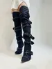 Neue Damen Denim Metall Nieten Schnalle Sandalen Damen Sexy Punk Stil Spitz Hohl Metall 11cm High Heel Kniehohe Stiefel Für Mädchen Party Schuhe