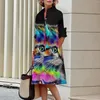 Casual Dresses Summer Fashion Elegant Shirt Dress Women 2023 Oil Color Print Long Sleeve Button Office Holiday Maxi High End