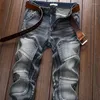 Mäns jeans vårens hösttvätt denim koreansk stil blå designer cowboy cykling motorcykel skarv vintage last strech pant je231j