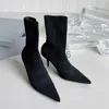 Abendschuhe, Manschette, gerippte Socken, Absätze, Stiefeletten, Stretch-Strick, schwarzes Leder, Schnürstiefeletten, Biker-Booties, Luxus-Designer-Schuhe für Damen, Fabrikschuhe, 8,5 cm, 35–41, Größe x0908