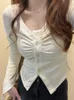 Deeptown Y2K Coquette Beige T-shirts Women Korean Style Basic Slim Long Sleeve Top Sweet Japanese Style Ruffles Corset Crop Tops