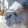 Cão vestuário vestido bonito verão xadrez algodão gato arco saia roupas de renda para cães pequenos filhote de cachorro jk chihuahua vestidos