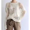 Deeptown Hippie Grunge évider Beige pull femmes américain Vintage surdimensionné haut en tricot Kpop basique irrégulier à manches longues hauts