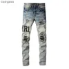 Straat 2023 Amiirii Mode Jean Paars Demin Hoge Jeans Heren Heren Gebroken Patch Slanke Legging #866