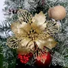 Decorações de Natal 5 pcs flores vermelho glitter pó flor cabeças para noel casa árvore ornamentos navidad festa mesa configuração decoração suprimentos 230907