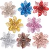 Decorações de Natal 5 pcs flores vermelho glitter pó flor cabeças para noel casa árvore ornamentos navidad festa mesa configuração decoração suprimentos 230907