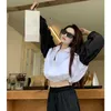 Deeptown Korean Style Oversize Patchwork Crop Jacket Women Harajuku Casual Drawstring Basic Zip Coat Vintage Streetwear Y2k Top