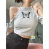 Deeptown Y2k Korean Style Grey Crop Top Women Kpop Streetwear Graphic Off Shoulder Short Sleeve Tops Harajuku Bandage Slim Tee