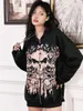 Damen Hoodies Wsevypo Dark Black Skull Print Frauen Herbst Baggy Langarm Reißverschluss Kapuzenpullover Jacke für Street Grunge