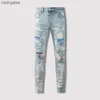 American Amiirii 2023 Purple Jean Jeans Demin Mens High Fashion Street Colorful Hot Diamond Patch Live Slim Fit