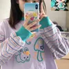 Deeptown Kawaii süße Cartoon Sweatshirts Frauen japanischen Stil Patchwork Langarm T-Shirts lila gestreift Pullover Hoodie Mädchen