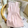 2023 Summer Pink Solid Color Dress Sleeveless Round Neck RhinestoneKnee-Length Casual Dresses S3S01M209