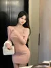 Casual Dresses 2023 Korean Fashion Pink Strap Off Shoulder Dress Women Autumn Slim Fit Design Feel Knitted Waist Wrap Hip Female Clothes