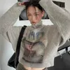 Deeptown vintage grå grafisk tröja kvinnor hippie grunge överdimensionerad jumper koreansk stil kpop harajuku stickad topp kvinnlig streetwear